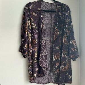 Mystree Sheer Velvet Burnout Floral Open Front Cardigan Boho Layering Top M